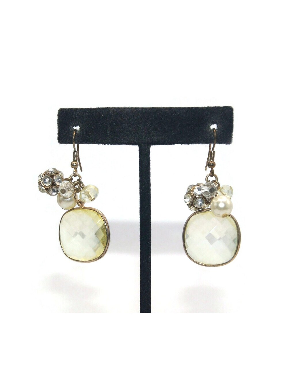 Vintage Gold Tone, Clear Rhinestones Faux Pearls & Yellow Resin Dangle Earrings.